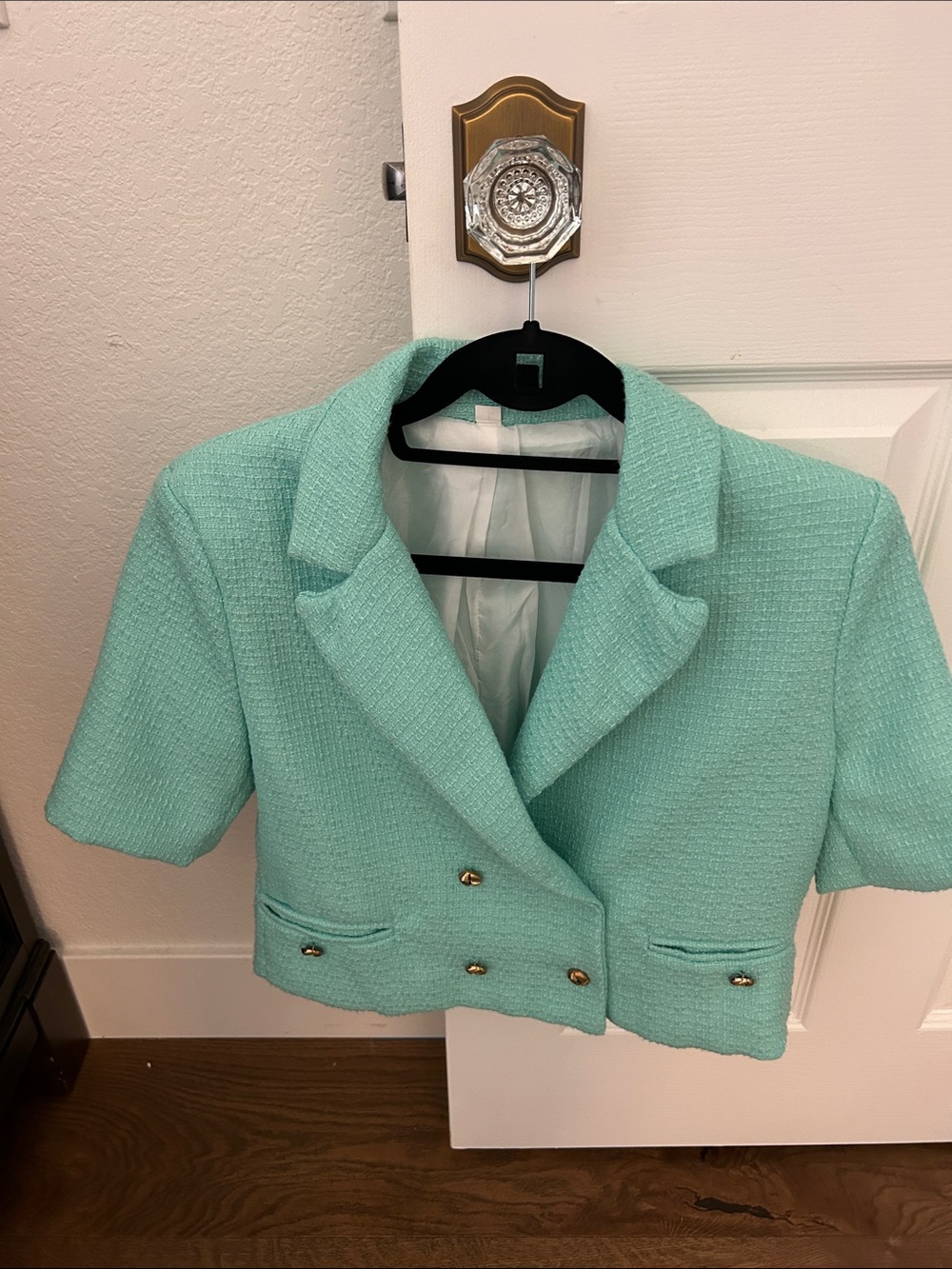 Cropped Mint Tweed Short-Sleeve Blazer